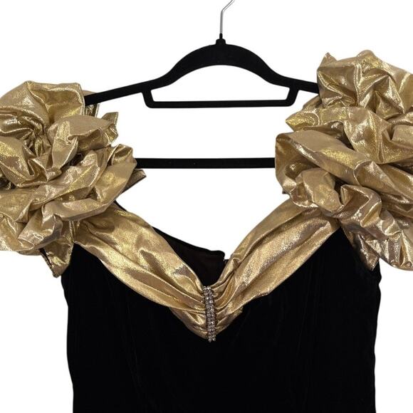 Vintage Steppin' Out Mini Dress size *9 small black velvet gold 80s puff sleeve - Picture 2 of 7